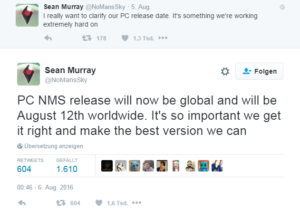 No Mans Sky - Tweet von Sean Murray zur Verzögerung der PC-Version