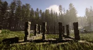 Sons of the Forest – Überlebens-Crafting & Basisstrategien für die Wildnis Spielszene aus Sons of the Forest mit selbstgebauter Holzbasis im dichten Wald, aufgenommen während des Craftings und Basisaufbaus.